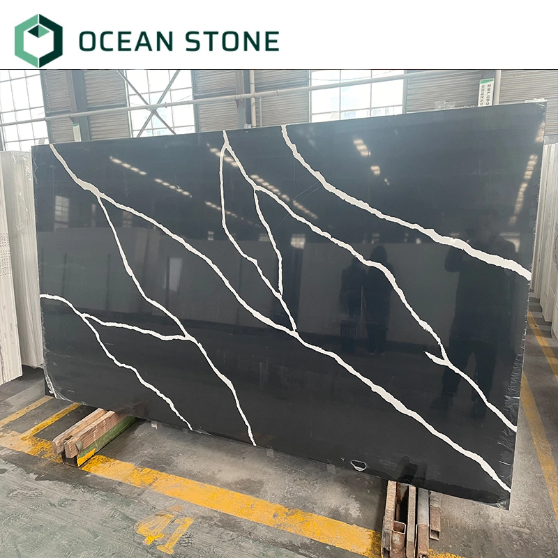 Calacatta Black Quartz Slab Eased Edge Polished Quartz for Counter Top